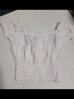 White Eyelet Off-Shoulder Smocked Waist Top